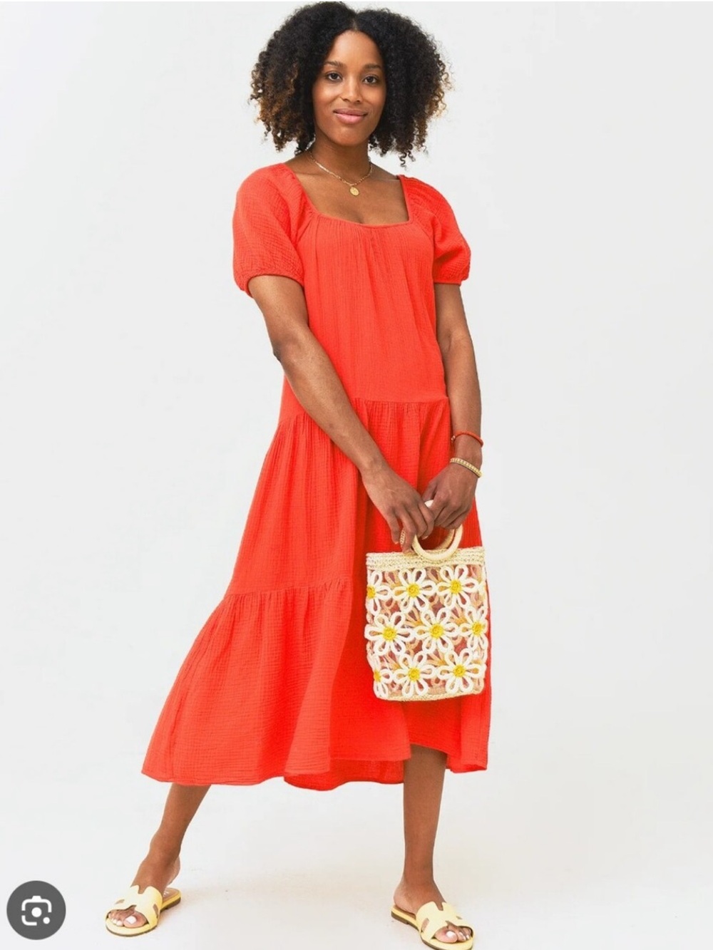 Honorine Pamela Gauze Midi Dress Medium Bright Red Orange 100% Cotton